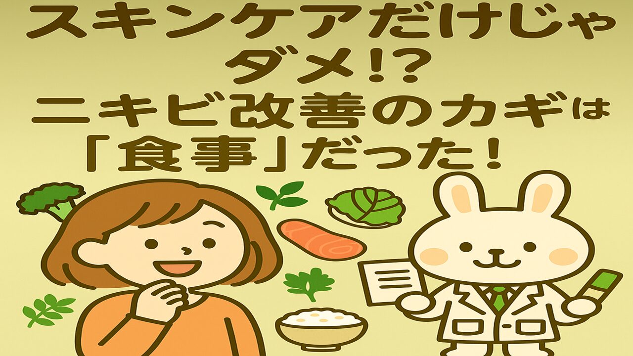 「スキンケアだけじゃダメ⁉ ニキビ改善のカギは『食事』だった！」というメッセージが中央に大きく表示されているイラスト画像。左側にオレンジの服を着た女の子「すずちゃん」が驚いた表情で登場し、右側には白衣を着たうさぎの薬剤師「みどりん」が解説するようなポーズで立っている。背景には野菜や果物などの健康的な食品が描かれており、全体的にやさしい緑系の配色でまとめられている。